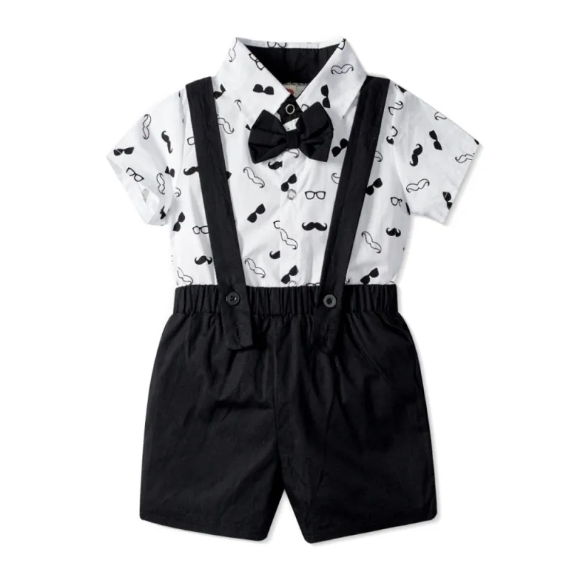 Kids Baby Boys Fashion British Style Short Sleeve Lapel Romper Strap Shorts Set Casual Party Clothing