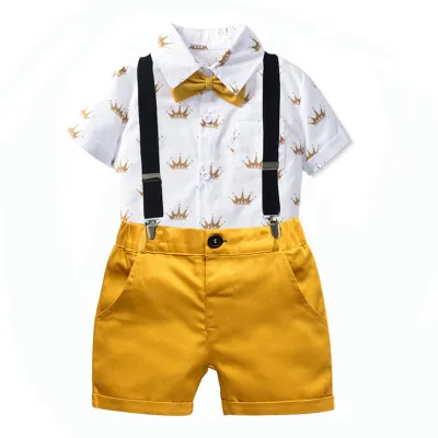 Kids Toddler Boys Party Clothing Fashion Casual British Style Crown Print Short Sleeve Lapel Shirt and Shorts Set