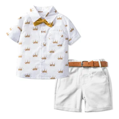 Kids Toddler Boys Party Clothing Fashion Casual British Style Crown Print Short Sleeve Lapel Shirt and Shorts Set