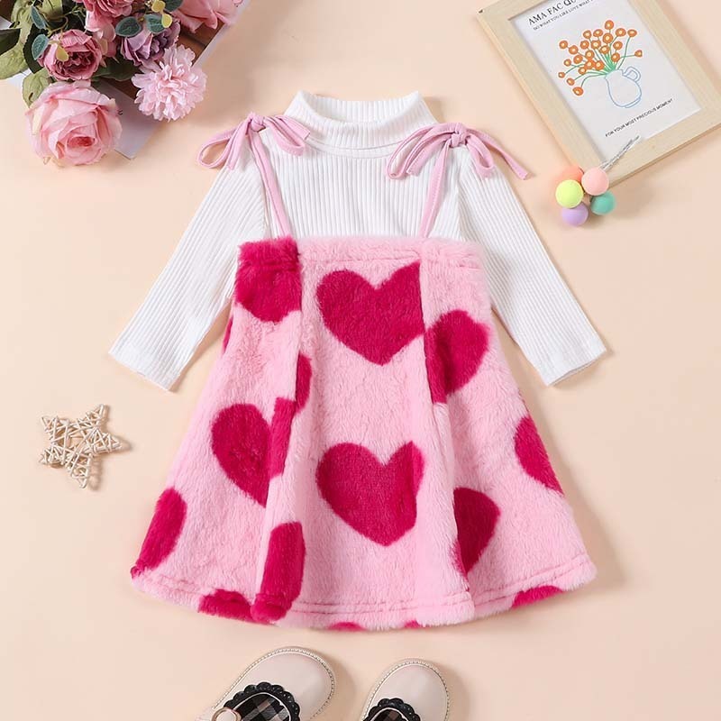 Kids Toddler Girls Casual Cute Solid Color Long Sleeve Round Neck T-Shirt  Plush Heart Slip Dress Set