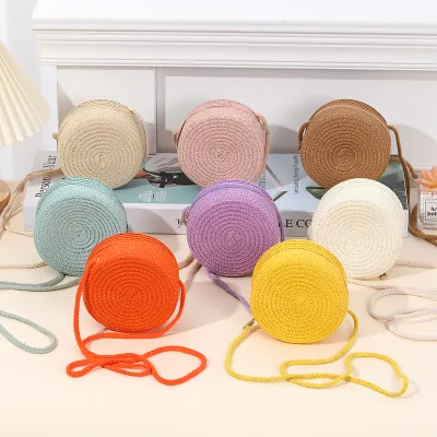 Kids Girls Fashion Cute Candy Color Round Straw Woven Crossbody Bag for Kindergarten