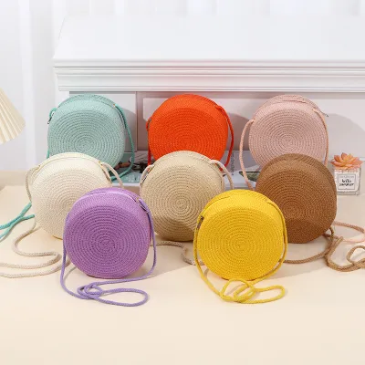 Kids Girls Fashion Cute Candy Color Round Straw Woven Crossbody Bag for Kindergarten