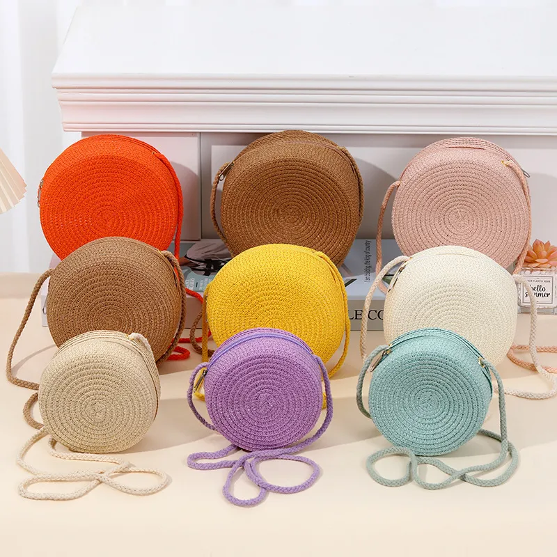 Kids Girls Fashion Cute Candy Color Round Straw Woven Crossbody Bag for Kindergarten