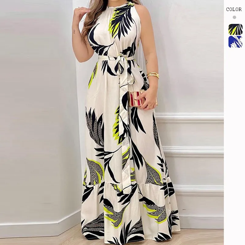 Summer Women Fashion Printed Sleeveless Maxi Dress with Hanging Neck