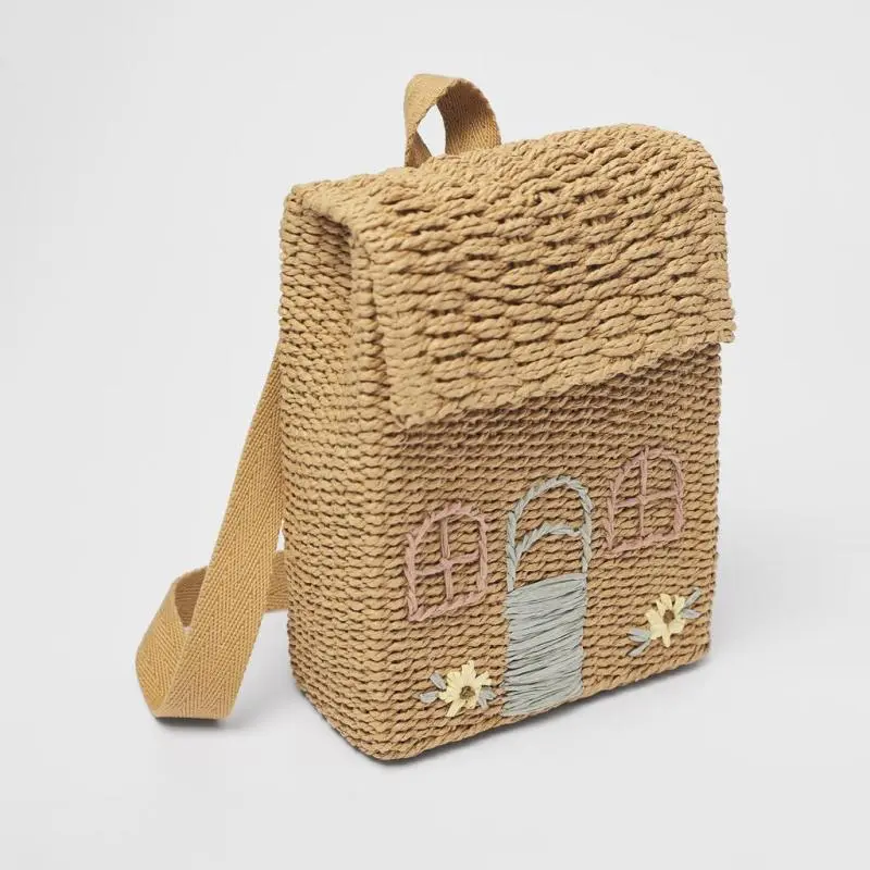 Girls Summer Cute Handmade Straw Backpack with Embroidery