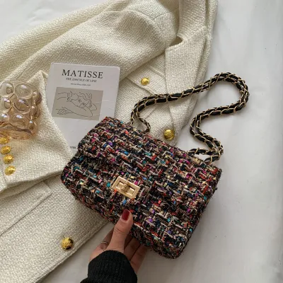 Women Fashionable Woolen Multicolor Plaid Latch Square Chain Shoulder Crossbody Bag