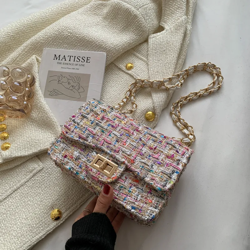 Women Fashionable Woolen Multicolor Plaid Latch Square Chain Shoulder Crossbody Bag