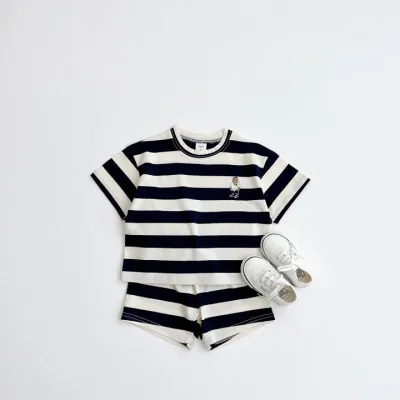 Kids Boys Girls Embroidered Mr. Bear Stripe Cotton T-Shirt and Short Set