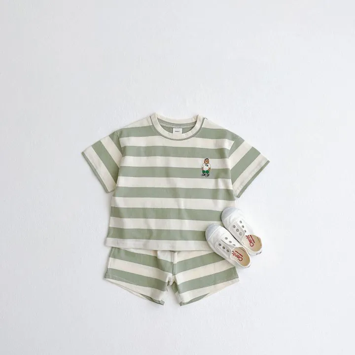 Kids Boys Girls Embroidered Mr. Bear Stripe Cotton T-Shirt and Short Set