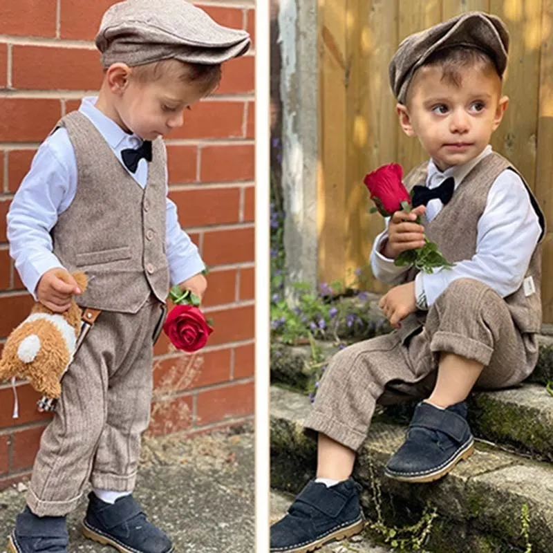 Kids Baby Boys Casual British Style Waistcoat Long Sleeve Lapel Shirt Bodysuit Party Set
