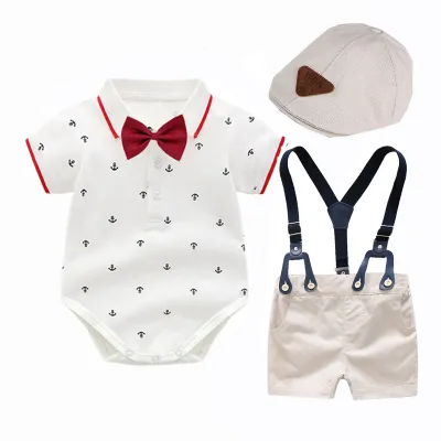 Kids Baby Boys Party Clothing Casual British Style Short Sleeve Lapel Romper Strap Shorts Set Cotton Summer