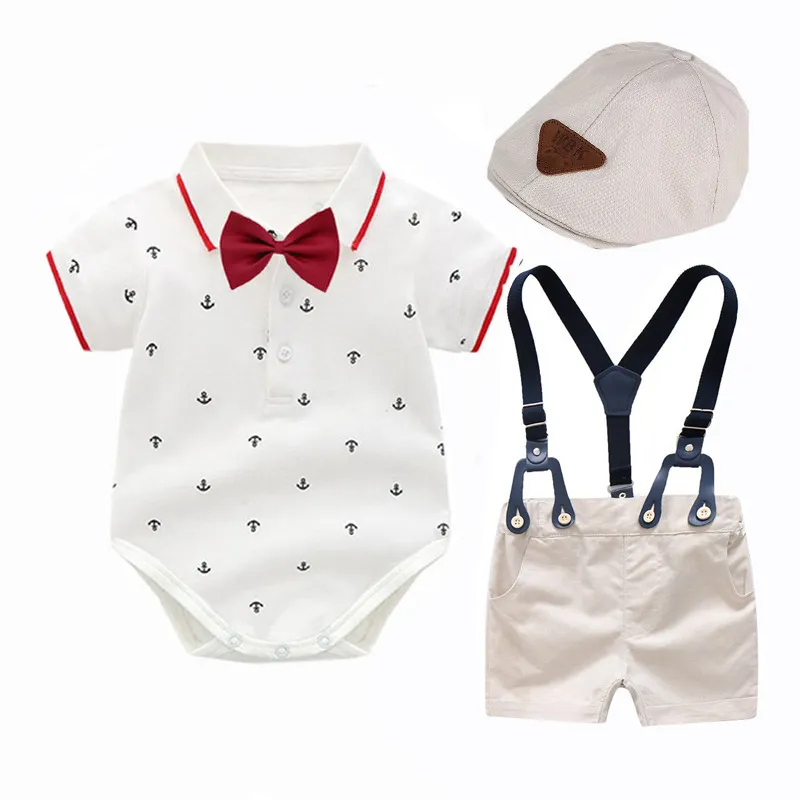 Kids Baby Boys Party Clothing Casual British Style Short Sleeve Lapel Romper Strap Shorts Set Cotton Summer