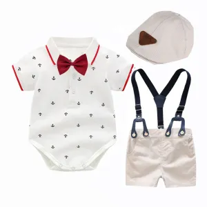 Kids Baby Boys Party Clothing Casual British Style Short Sleeve Lapel Romper Strap Shorts Set Cotton Summer