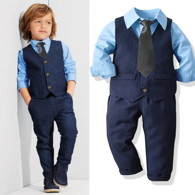 Kids Toddler Big Boys Party Clothing Casual British Style Solid Color Waistcoat Long Sleeve Lapel Shirt Trousers Set