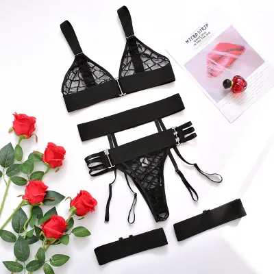 Women Fashion Sexy Ribbon Waist Seal Mesh See-Through Nexy Sleeve Bra Set