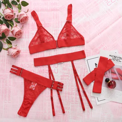 Women Fashion Sexy Ribbon Waist Seal Mesh See-Through Nexy Sleeve Bra Set