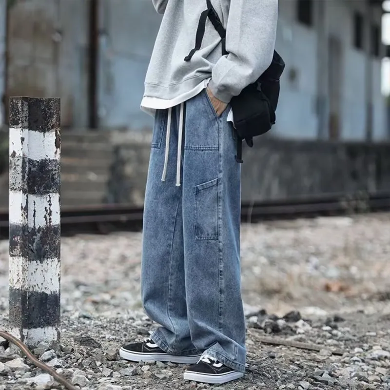 Men Retro Versatile Solid Color Wide Leg Jeans