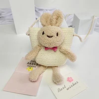 Kids Girls Casual Straw Woven Crossbody Bag with Cartoon Animal Pattern for Toddler