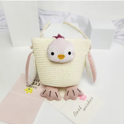 Kids Girls Casual Straw Woven Crossbody Bag with Cartoon Animal Pattern for Toddler