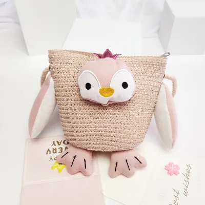 Kids Girls Casual Straw Woven Crossbody Bag with Cartoon Animal Pattern for Toddler