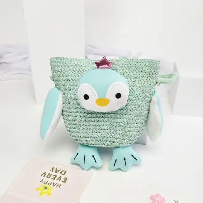 Kids Girls Casual Straw Woven Crossbody Bag with Cartoon Animal Pattern for Toddler