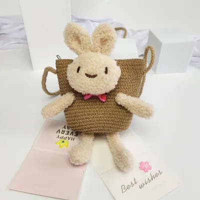 Kids Girls Casual Straw Woven Crossbody Bag with Cartoon Animal Pattern for Toddler