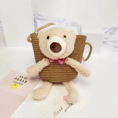 Kids Girls Casual Straw Woven Crossbody Bag with Cartoon Animal Pattern for Toddler