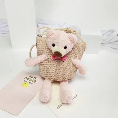 Kids Girls Casual Straw Woven Crossbody Bag with Cartoon Animal Pattern for Toddler