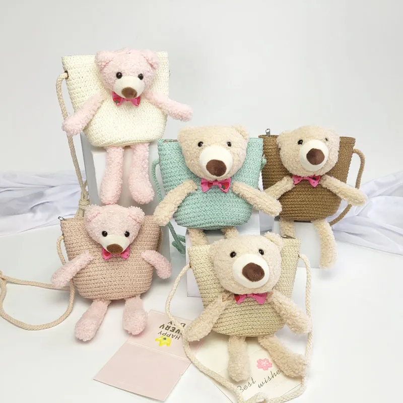 Kids Girls Casual Straw Woven Crossbody Bag with Cartoon Animal Pattern for Toddler