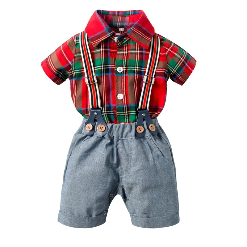 Kids Baby Boys British Style Plaid Print Short Sleeve Lapel Romper Shorts Set