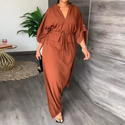 Women's V-Neck Solid Color High Waist Drawstring Split Midi Dress
