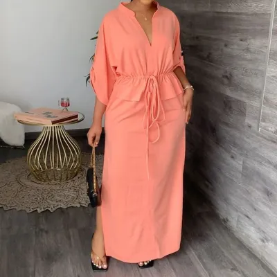 Women's V-Neck Solid Color High Waist Drawstring Split Midi Dress