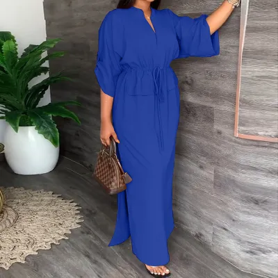 Women's V-Neck Solid Color High Waist Drawstring Split Midi Dress