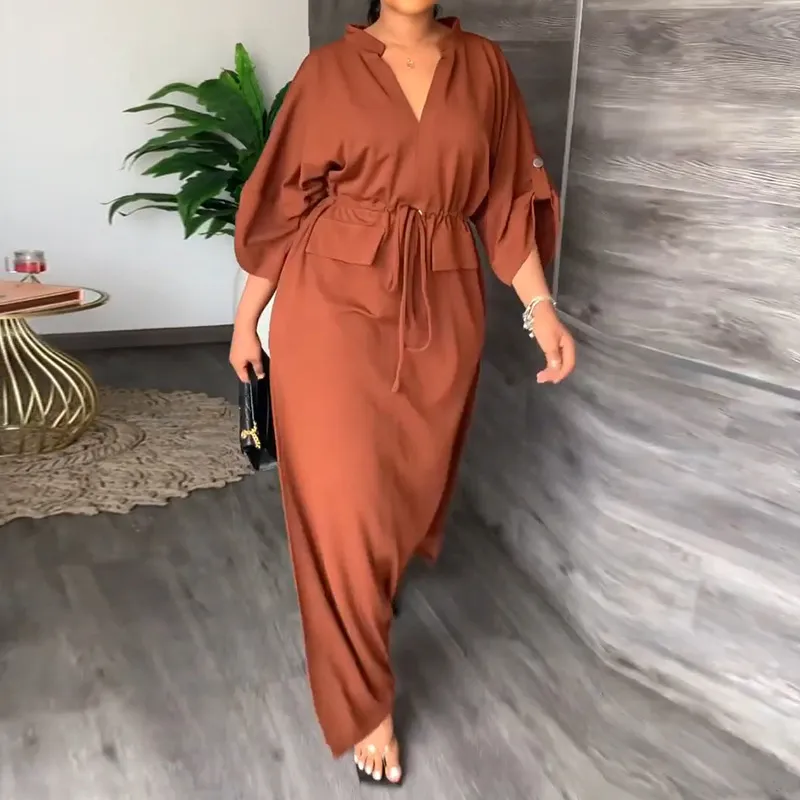 Women's V-Neck Solid Color High Waist Drawstring Split Midi Dress