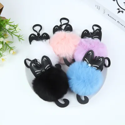 Women Cartoon Cute Black Cat Plush Keychain Pendant