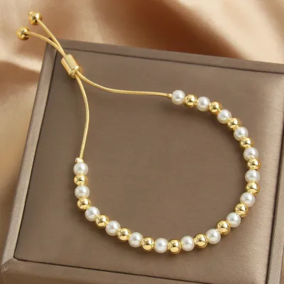 Vintage Women Pearl Stainless Steel Beaded Bracelet Geometric Unisex Retro