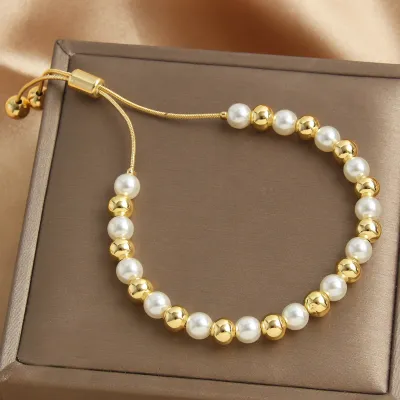 Vintage Women Pearl Stainless Steel Beaded Bracelet Geometric Unisex Retro