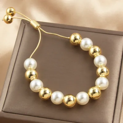Vintage Women Pearl Stainless Steel Beaded Bracelet Geometric Unisex Retro