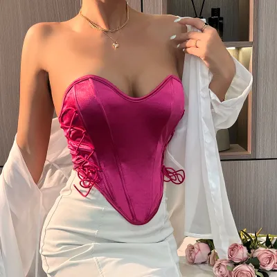 Women Sexy Lace-Up Backless Strapless Fishbone Waist Tube Top