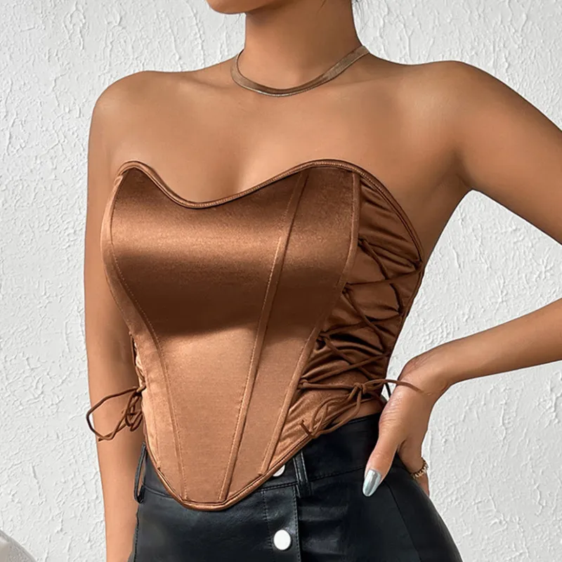 Women Sexy Lace-Up Backless Strapless Fishbone Waist Tube Top