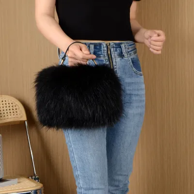 Women Fashion Solid Color Faux Fur Plush Square Handbag with Soft Zipper