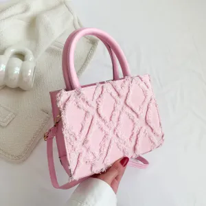 Women Fashion Solid Color PU Rhombus Square Large Capacity Handle Crossbody Tote Bag