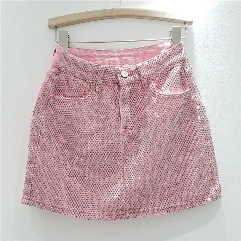 Women Summer Fashion Rhinestone Denim Skirt
