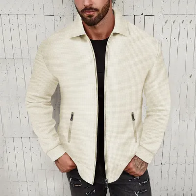Men Spring Autumn Casual Versatile Solid Color Waffle Long Sleeve Lapel Zipper Jacket