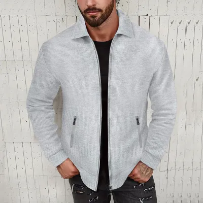 Men Spring Autumn Casual Versatile Solid Color Waffle Long Sleeve Lapel Zipper Jacket