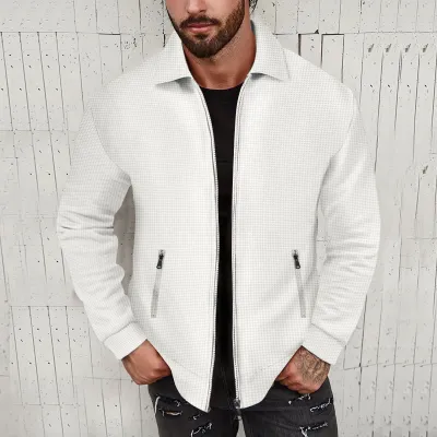 Men Spring Autumn Casual Versatile Solid Color Waffle Long Sleeve Lapel Zipper Jacket