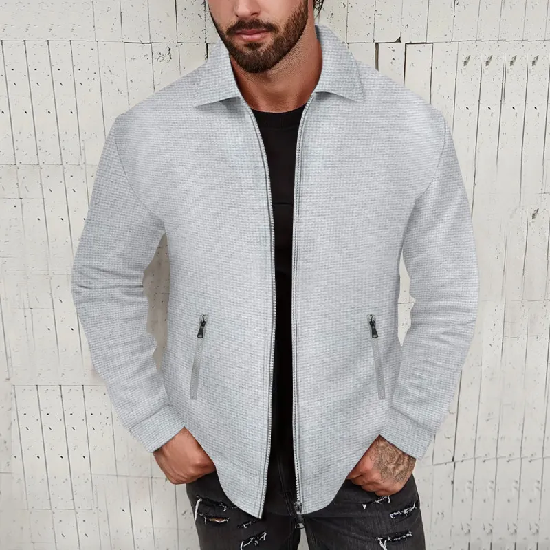 Men Spring Autumn Casual Versatile Solid Color Waffle Long Sleeve Lapel Zipper Jacket