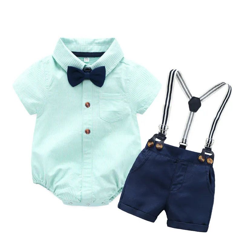 Kids Baby Boys Party Clothing British Style Bow Stripe Short Sleeve Lapel Romper Shorts Set Cotton