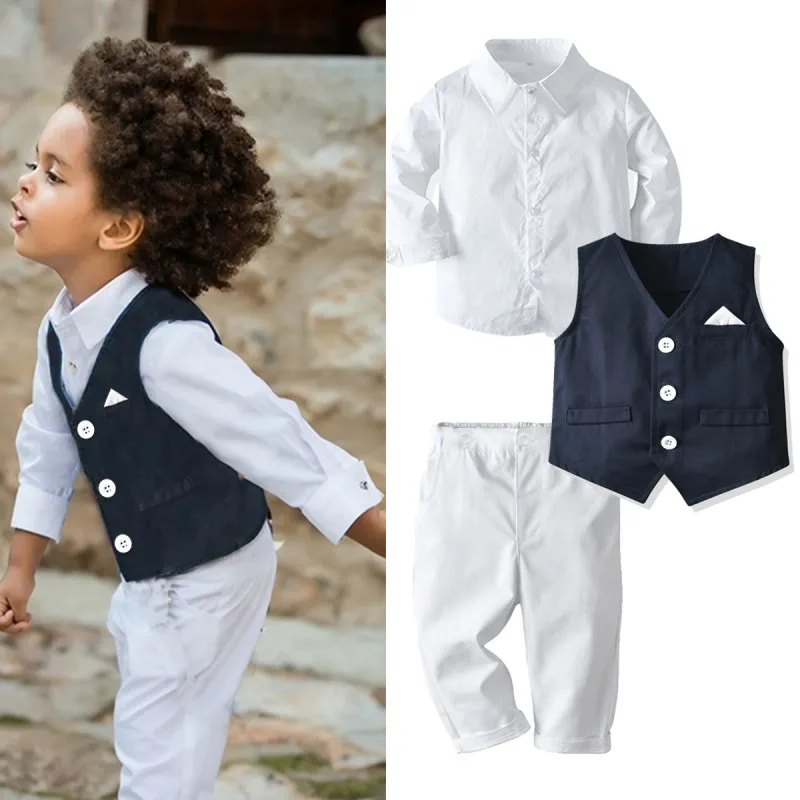 Kids Toddler Boys Party Clothing British Style Bow Waistcoat Solid Color Long Sleeve Lapel Shirt Trousers Set