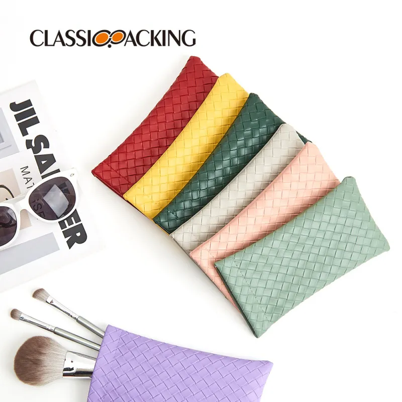 Simple Fashion Solid Color Woven PVC Leather Glasses Storage Bag Case 18*9.5Cm